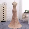 Amazing / Unique Champagne Evening Dresses  2017 Trumpet / Mermaid Beading Scoop Neck Zipper Up Short Sleeve Sweep Train Evening Party