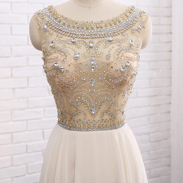 Chic / Beautiful Champagne Evening Dresses  2017 A-Line / Princess Beading Ruffle Scoop Neck Zipper Up Backless Sleeveless Floor-Length / Long Evening Party