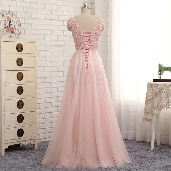 Chic / Beautiful Candy Pink Evening Dresses  2017 A-Line / Princess Lace Bow Rhinestone V-Neck Backless Sleeveless Floor-Length / Long Evening Party