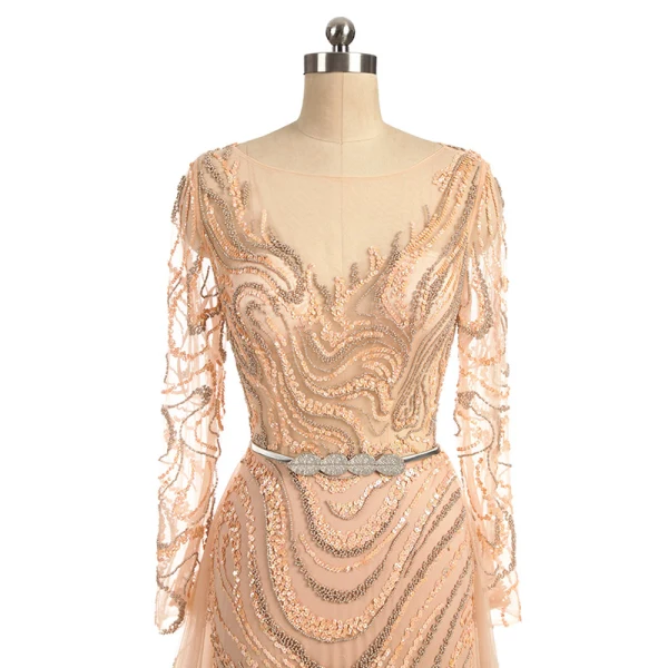 Amazing / Unique Champagne Evening Dresses  2017 Trumpet / Mermaid Sequins Beading Bow Scoop Neck Long Sleeve Sweep Train Evening Party