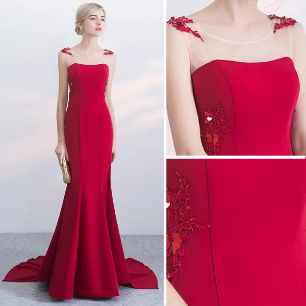 Chic / Beautiful Red Evening Dresses 2017 Trumpet / Mermaid Zipper Up Beading Bow Lace Flower Sequins Sleeveless Scoop Neck Court Train Evening Party