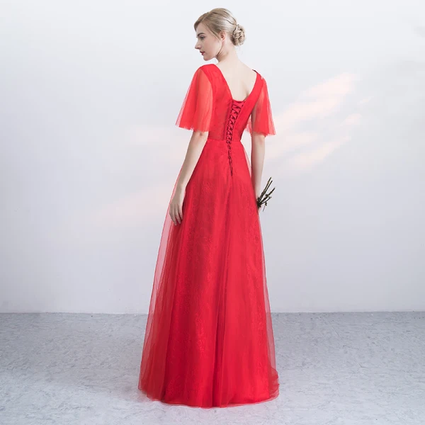 Chic / Beautiful Red Evening Dresses  2017 A-Line / Princess Appliques Lace Flower Crossed Straps Beading Scoop Neck Backless 1/2 Sleeves Floor-Length / Long Evening Party