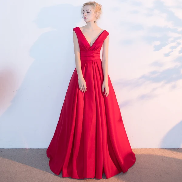 Chic / Beautiful Red Evening Dresses 2017 A-Line / Princess V-Neck Crossed Straps Backless Sleeveless Floor-Length / Long Evening Party