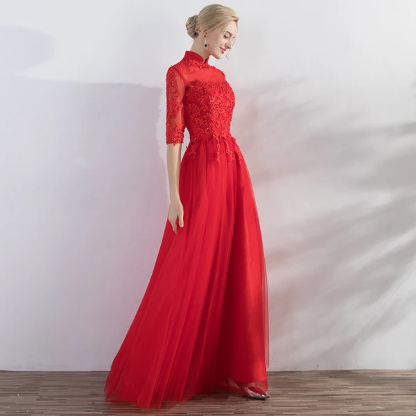 Chic / Beautiful Red Evening Dresses 2017 A-Line / Princess Lace Flower Appliques Beading High Neck Backless Crossed Straps 3/4 Sleeve Floor-Length / Long Evening Party