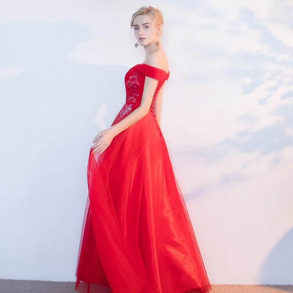 Chic / Beautiful Red Evening Dresses 2017 A-Line / Princess Appliques Beading Backless Crossed Straps Off-The-Shoulder Sleeveless Floor-Length / Long Evening Party