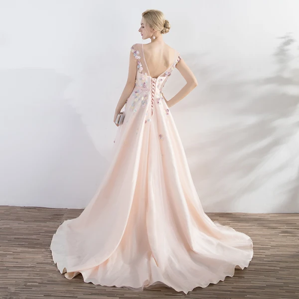 Elegant Pearl Pink Evening Dresses 2017 A-Line / Princess Artificial Flowers Pearl Bow Scoop Neck Crossed Straps Backless Sleeveless Court Train Evening Party