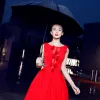 Chic / Beautiful Red Homecoming Graduation Dresses 2017 Ball Gown Pierced Artificial Flowers Scoop Neck Crossed Straps Backless Sleeveless Tea-length