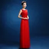 Chic / Beautiful Red Evening Dresses  2017 Empire Appliques Beading Scoop Neck Zipper Up Backless Sleeveless Ankle Length Evening Party