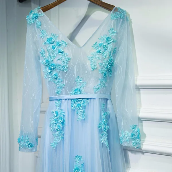 Chic / Beautiful Prom Dresses 2017 A-Line / Princess Appliques Pearl Lace V-Neck Crossed Straps Long Sleeve Floor-Length / Long