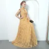 Chinese style Gold Evening Dresses  2018 A-Line / Princess Lace Beading Pearl Sash High Neck Backless Cap Sleeves Floor-Length / Long Formal Dresses