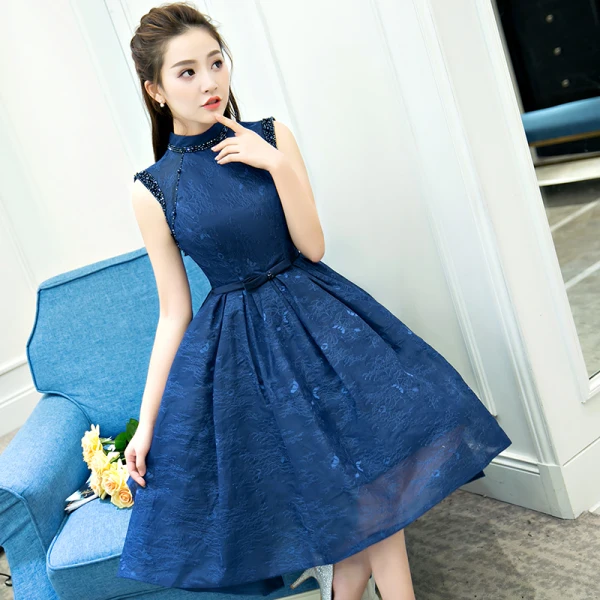 knee length blue formal dress Dark Blue Tea Length Lace Formal Dress with Keyhole Back Size 18W / Other