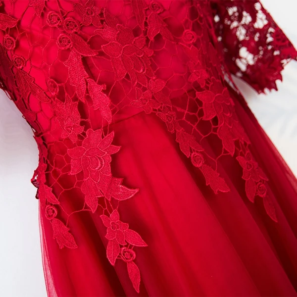 Chic / Beautiful Red Evening Dresses 2017 A-Line / Princess Lace Flower Scoop Neck Zipper Up 3/4 Sleeve Ankle Length Evening Party