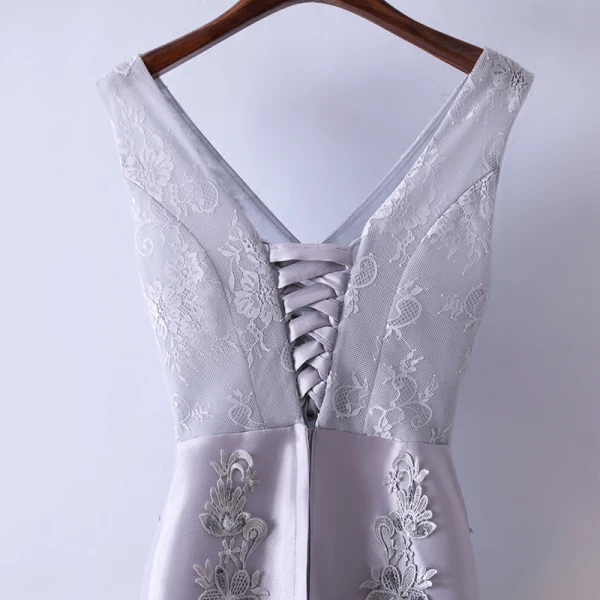 Chic / Beautiful Silver Evening Dresses 2017 A-Line / Princess Lace Flower V-Neck Backless Sleeveless Ankle Length Evening Party