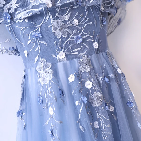 Chic / Beautiful Ocean Blue Evening Dresses 2017 A-Line / Princess Beading Pearl Lace Flower Scoop Neck Backless Short Sleeve Ankle Length Evening Party
