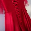 Chic / Beautiful Red Evening Dresses  2017 A-Line / Princess Beading Lace Flower Sequins Artificial Flowers V-Neck Backless Short Sleeve Ankle Length Evening Party