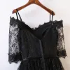 Sexy Black Cocktail Dresses 2017 A-Line / Princess Lace Flower Backless Spaghetti Straps Off-The-Shoulder Bow 1/2 Sleeves Asymmetrical Cocktail Party