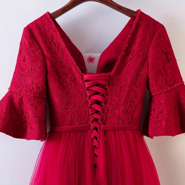 Chic / Beautiful Red Evening Dresses  2017 A-Line / Princess Lace Flower V-Neck Backless 1/2 Sleeves Ankle Length Evening Party