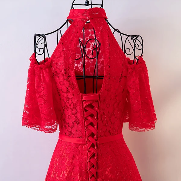 Chic / Belle Rouge Robe De Soirée 2017 Princesse En Dentelle Noeud Col Haut Bustier Dos Nu Manches Courtes Longueur Cheville Soirée