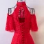 Chic / Belle Rouge Robe De Soirée 2017 Princesse En Dentelle Noeud Col Haut Bustier Dos Nu Manches Courtes Longueur Cheville Soirée