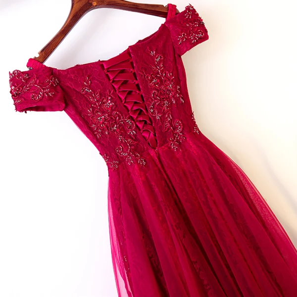 Chic / Belle Rouge Robe De Soirée 2017 Princesse Dentelle Perlage De l'épaule Dos Nu Manches Courtes Longueur Cheville Soirée