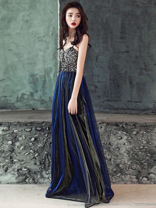 Modern / Fashion Black Evening Dresses 2018 A-Line / Princess Beading Sequins Spaghetti Straps Backless Sleeveless Floor-Length / Long Formal Dresses