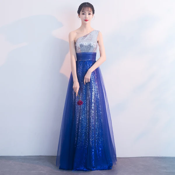 Glitzernden Königliches Blau Abendkleider 2018 A Linie Pailletten One-Shoulder Ärmellos Rückenfreies Lange Festliche Kleider