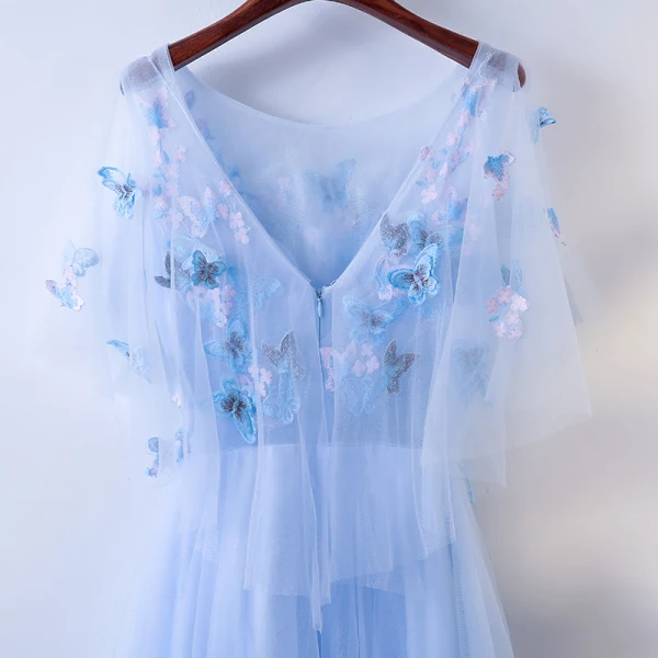 Schöne Himmelblau Abendkleider 2017 A Linie Schmetterling Spitze Blumen Rundhalsausschnitt Rückenfreies Kurze Ärmel Knöchellänge Abend