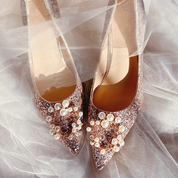 Scintillantes Champagne Soirée Perle Faux Diamant Escarpins 2021 Cuir Paillettes 8 cm Talons Aiguilles À Bout Pointu Escarpins Talons Hauts