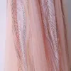Chic / Beautiful Pearl Pink Prom Dresses 2017 A-Line / Princess Sequins Lace Scoop Neck Backless Sleeveless Floor-Length / Long Prom