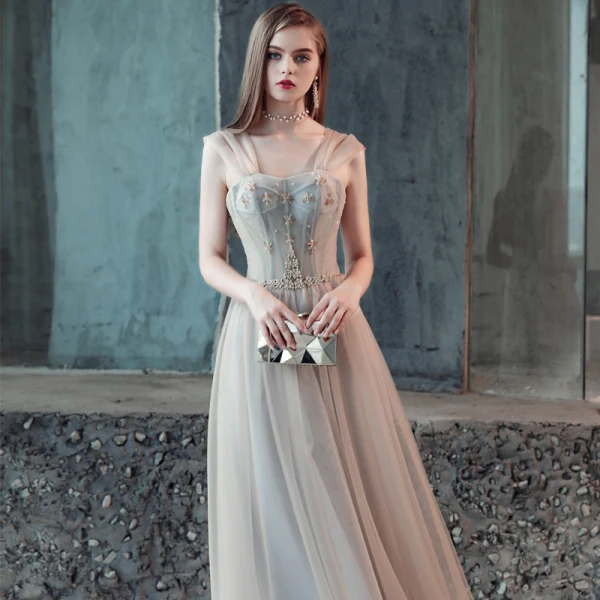 Charming Champagne Evening Dresses 2018 A-Line / Princess Crystal Off-The-Shoulder Backless Sleeveless Floor-Length / Long Formal Dresses