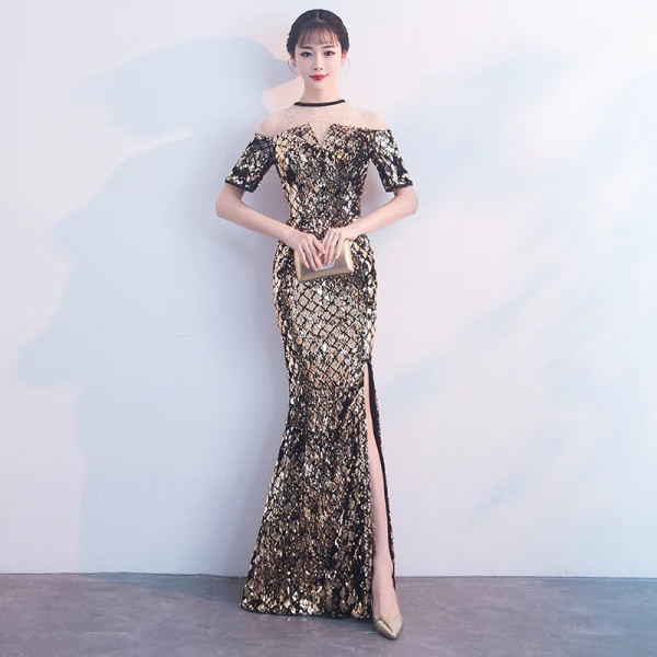 Sparkly Black Gold Evening Dresses 2018 Trumpet / Mermaid Sequins Rhinestone Scoop Neck Short Sleeve Floor-Length / Long Formal Dresses