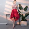 Chic / Beautiful Silver Cocktail Dresses 2018 A-Line / Princess Beading Sequins Bow Scoop Neck Sleeveless Asymmetrical Formal Dresses