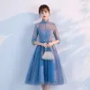 Chic / Belle Océan Bleu Robe De Bal 2017 Princesse Perlage En Dentelle Paillettes Noeud Col Haut 1/2 Manches Courte Robe De Ceremonie
