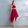 Schöne Rot Ballkleider 2017 A Linie Spitze Perlenstickerei Applikationen Perle Rundhalsausschnitt Kurze Ärmel Asymmetrisch Festliche Kleider