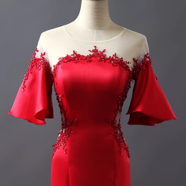 Luxury / Gorgeous Evening Dresses  2017 Trumpet / Mermaid Crystal Lace Flower Sequins Scoop Neck Short Sleeve Sweep Train Evening Party