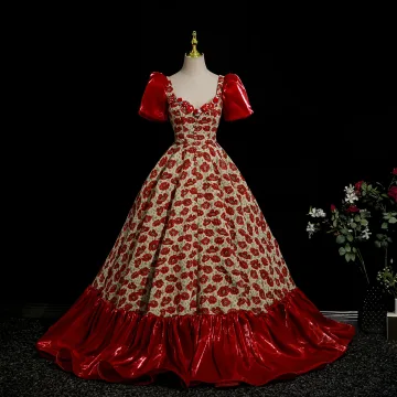 Fantaisie Bordeaux Fait Main Appliques Floral Robe De Bal 2025 Robe Boule Encolure Carrée Manches Courtes Dos Nu Longue Robe De Ceremonie
