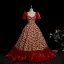 Fantaisie Bordeaux Fait main Appliques Floral Robe De Bal 2025 Robe Boule Encolure Carrée Manches Courtes Dos Nu Longue Robe De Ceremonie