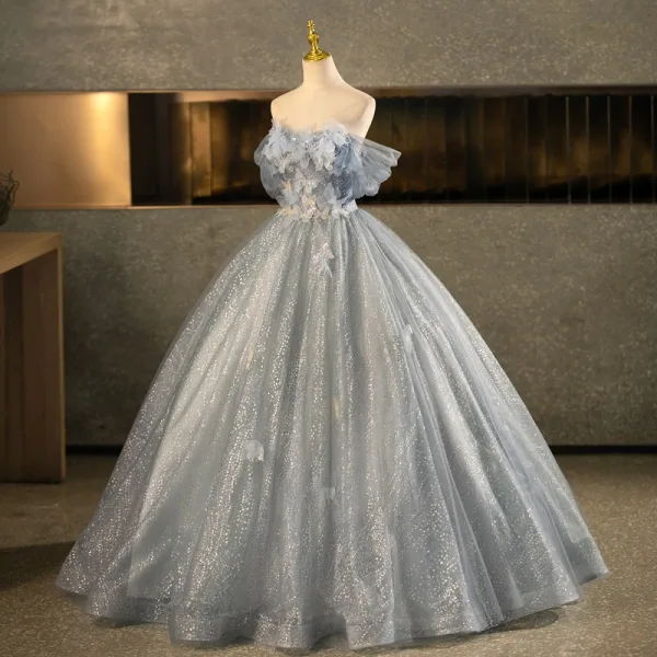Bling Bling Grey Butterfly Appliques Sequins Tassel Prom Dresses 2025 Ball Gown Off-The-Shoulder Short Sleeve Backless Floor-Length / Long Formal Dresses