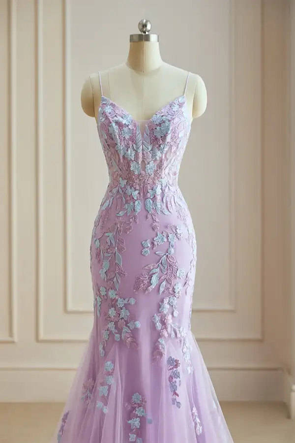 Stunning Lavender Lace Flower Evening Dresses 2024 Spaghetti Straps Trumpet Mermaid Long