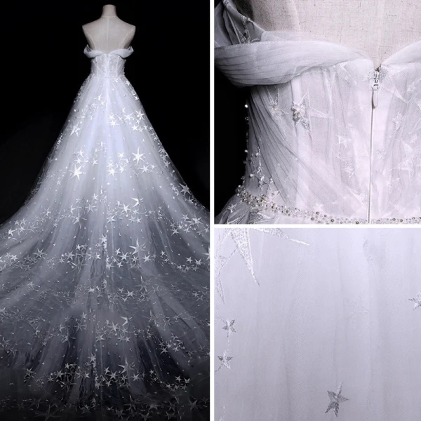 Amazing / Unique White Wedding Dresses 2018 A-Line / Princess Off-The-Shoulder Short Sleeve Backless Star Tulle Ruffle Royal Train