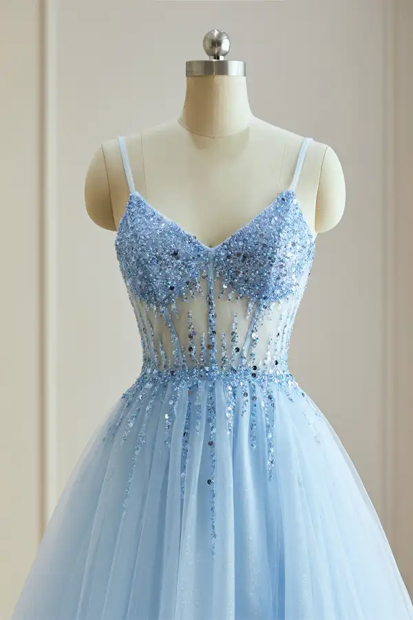 Sexy Himmelblau Gespaltete Front Ballkleider 2024 A Linie Spaghettiträger Pailletten Ärmellos Lange Festliche Kleider