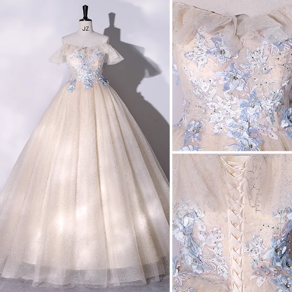 Elegant Champagne Prom Dresses 2022 Ball Gown Off-The-Shoulder Pearl Lace Flower Short Sleeve Floor-Length / Long Formal Dresses