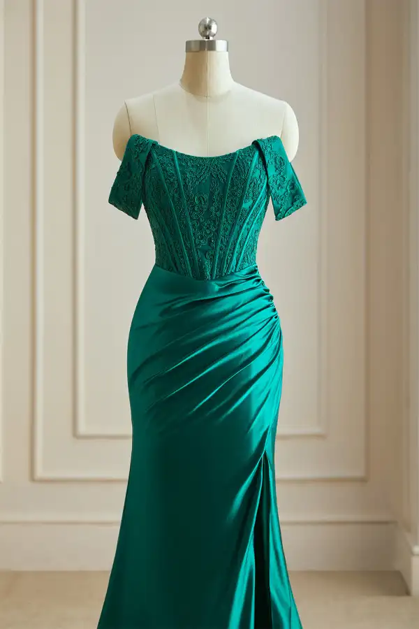 Sexy Meerjungfrau Dunkelgrün Abendkleider 2024 Gespaltete Front Festliche Kleider Reißverschluss Rüschen Sweep / Pinsel Zug Off Shoulder Satin
