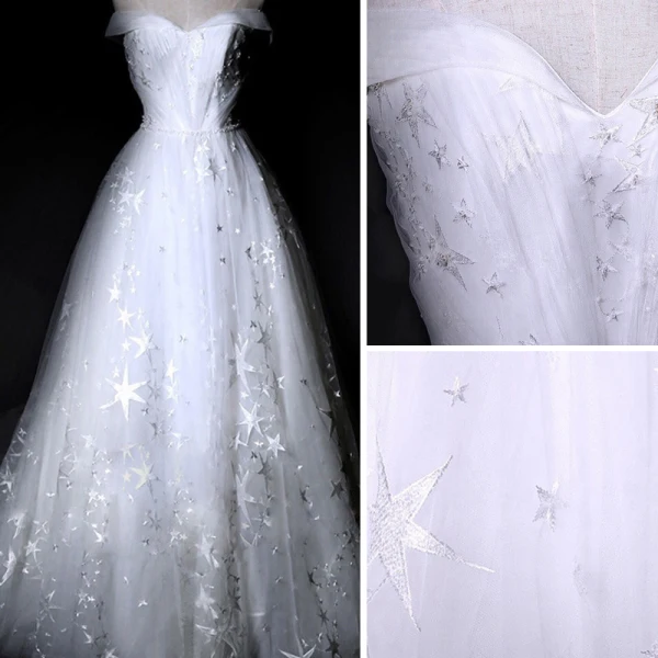 Amazing / Unique White Wedding Dresses 2018 A-Line / Princess Off-The-Shoulder Short Sleeve Backless Star Tulle Ruffle Royal Train