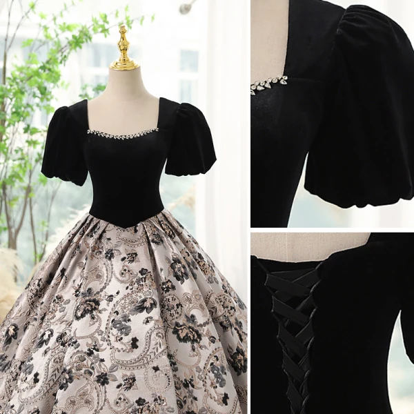 Elegant Black Printing Prom Dresses 2023 Ball Gown Square Neckline Rhinestone Short Sleeve Backless Floor-Length / Long Prom Formal Dresses