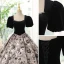 Elegant Black Printing Prom Dresses 2023 Ball Gown Square Neckline Rhinestone Short Sleeve Backless Floor-Length / Long Prom Formal Dresses