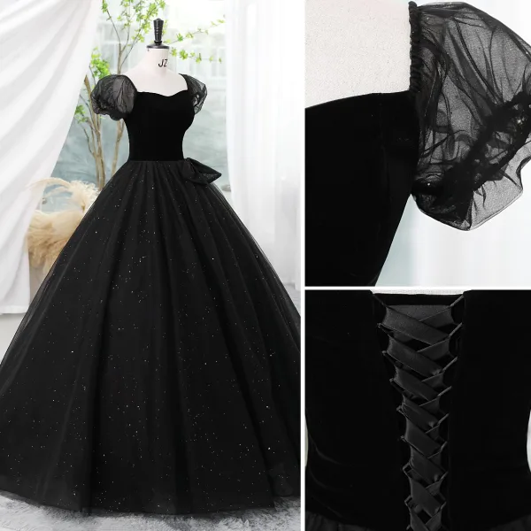 Élégant Noire Paillettes Robe De Bal 2023 Robe Boule Encolure Carrée Manches Courtes Dos Nu Longue Promo Robe De Ceremonie