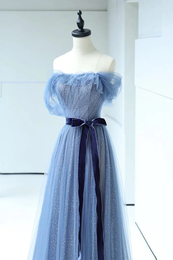 Fashion Pool Blue Sequins Bow Sash Prom Dresses 2024 A-Line / Princess Strapless Sleeveless Backless Floor-Length / Long Formal Dresses