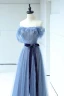 Fashion Pool Blue Sequins Bow Sash Prom Dresses 2024 A-Line / Princess Strapless Sleeveless Backless Floor-Length / Long Formal Dresses