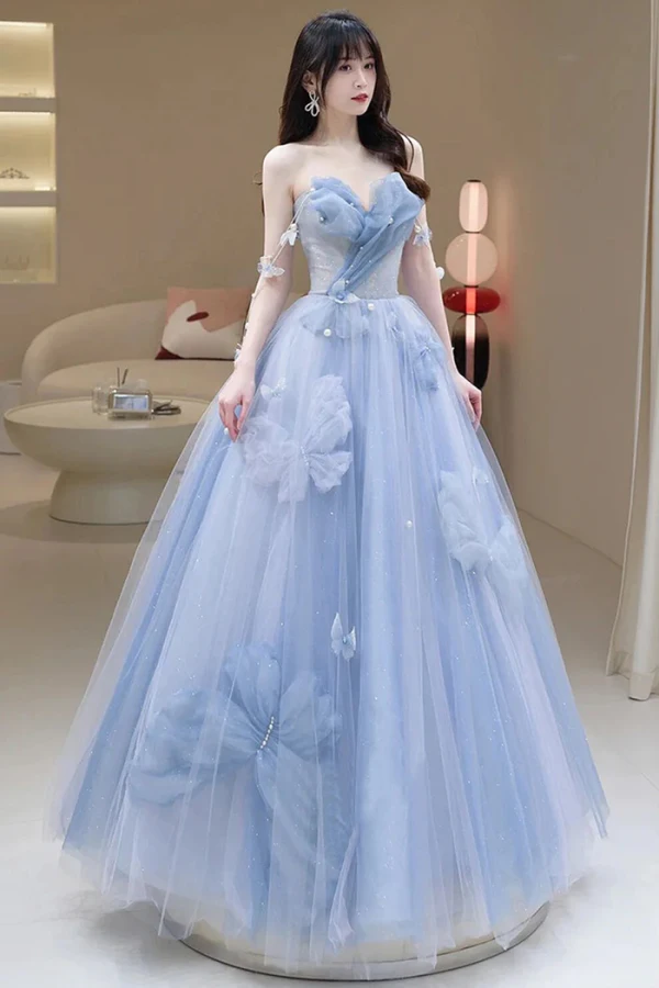 Charming Sky Blue Pearl Butterfly Appliques Prom Dresses 2024 A-Line / Princess Strapless Sleeveless Backless Floor-Length / Long Prom Formal Dresses